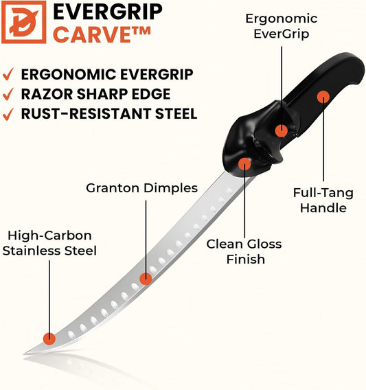 EverGrip Carve Carving Knife 10 Inch, High Carbon Stainless Steel Full Tang Granton Scimitar, Ergonomic Handle for Slicing Brisket, Carving Turkey & Filleting Fish, (Right Hand)