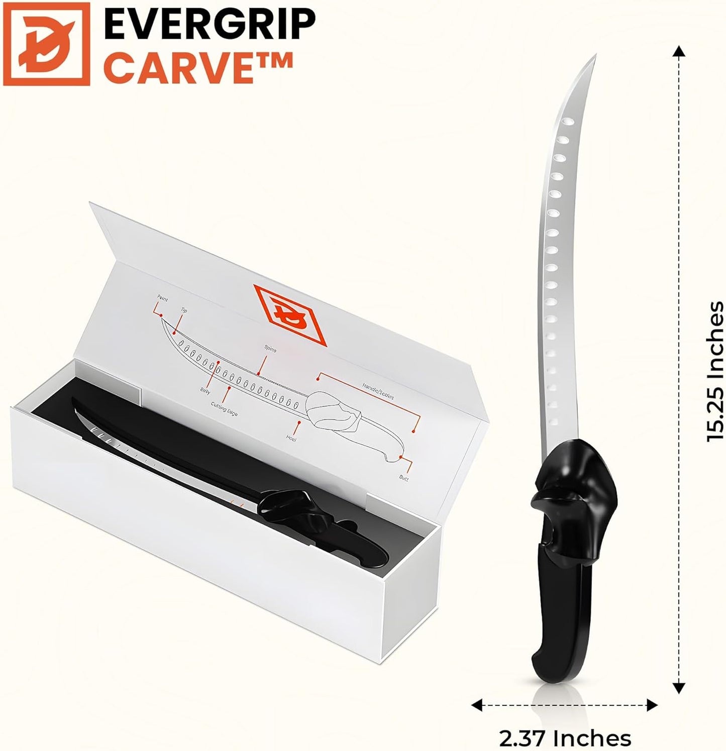 EverGrip Carve Carving Knife 10 Inch, High Carbon Stainless Steel Full Tang Granton Scimitar, Ergonomic Handle for Slicing Brisket, Carving Turkey & Filleting Fish, (Right Hand)