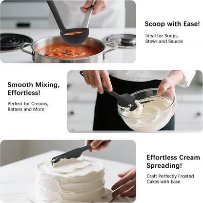 Silicone Kitchen Cooking Utensils Set with Holder – Heat-Resistant, Food-Grade Kitchen Tools, Spatula, Spoon & Gadgets for Non-Stick Pans, Dishwasher Safe (14, PureBlack)