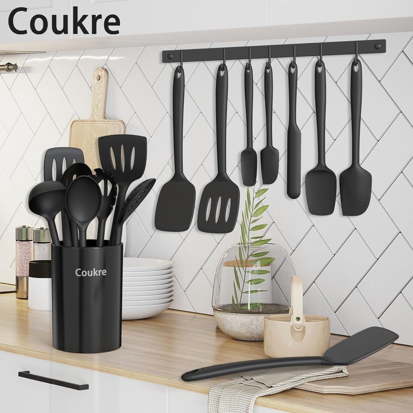 Silicone Kitchen Cooking Utensils Set with Holder – Heat-Resistant, Food-Grade Kitchen Tools, Spatula, Spoon & Gadgets for Non-Stick Pans, Dishwasher Safe (14, PureBlack)