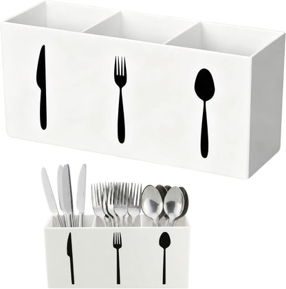 3 Compartment Acrylic Silverware Caddy for Countertop, White, Buffet Party | 3-compartment acrylic utensil holder keeps forks, spoons, and knives grouped for counters, buffets, or parties. Party ready.