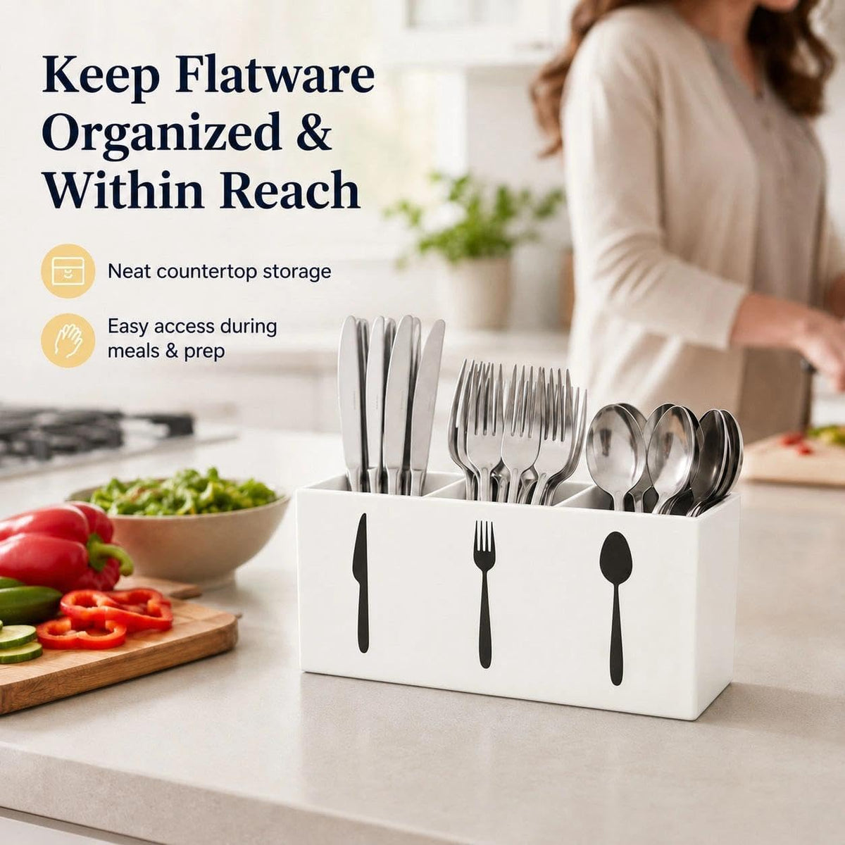 3 Compartment Acrylic Silverware Caddy for Countertop, White, Buffet Party | 3-compartment acrylic utensil holder keeps forks, spoons, and knives grouped for counters, buffets, or parties. Party ready.
