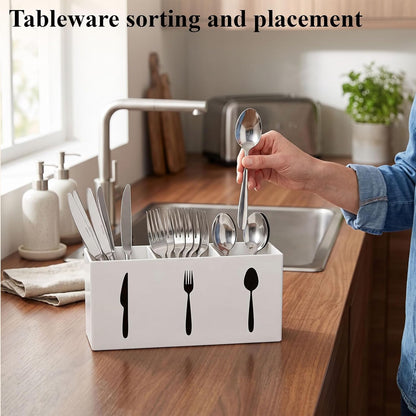 3 Compartment Acrylic Silverware Caddy for Countertop, White, Buffet Party | 3-compartment acrylic utensil holder keeps forks, spoons, and knives grouped for counters, buffets, or parties. Party ready.