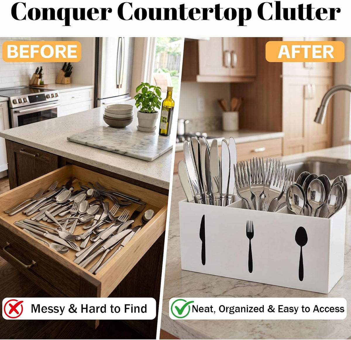 3 Compartment Acrylic Silverware Caddy for Countertop, White, Buffet Party | 3-compartment acrylic utensil holder keeps forks, spoons, and knives grouped for counters, buffets, or parties. Party ready.