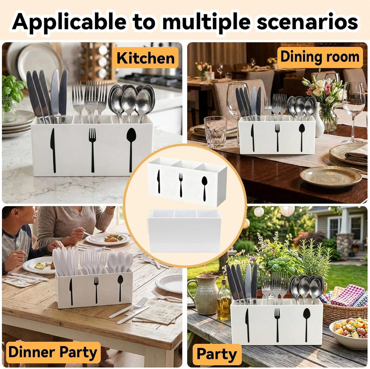 3 Compartment Acrylic Silverware Caddy for Countertop, White, Buffet Party | 3-compartment acrylic utensil holder keeps forks, spoons, and knives grouped for counters, buffets, or parties. Party ready.