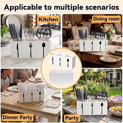 3 Compartment Acrylic Silverware Caddy for Countertop, White, Buffet Party | 3-compartment acrylic utensil holder keeps forks, spoons, and knives grouped for counters, buffets, or parties. Party ready.