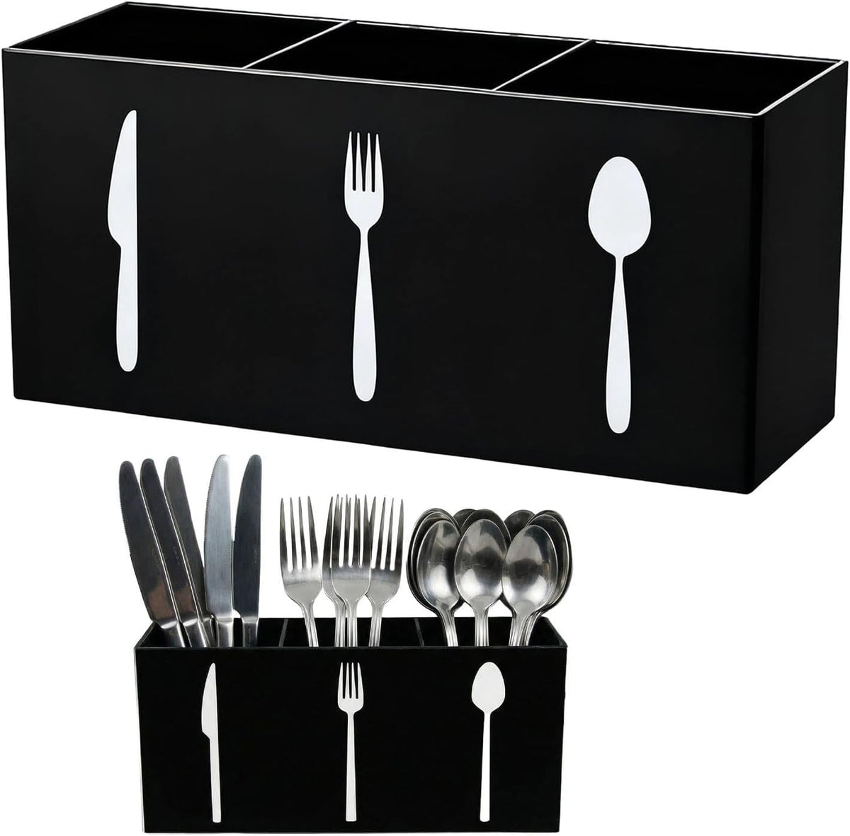 3 Compartment Acrylic Silverware Caddy for Countertop, White, Buffet Party | 3-compartment acrylic utensil holder keeps forks, spoons, and knives grouped for counters, buffets, or parties. Party ready.