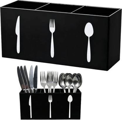 3 Compartment Acrylic Silverware Caddy for Countertop, White, Buffet Party | 3-compartment acrylic utensil holder keeps forks, spoons, and knives grouped for counters, buffets, or parties. Party ready.