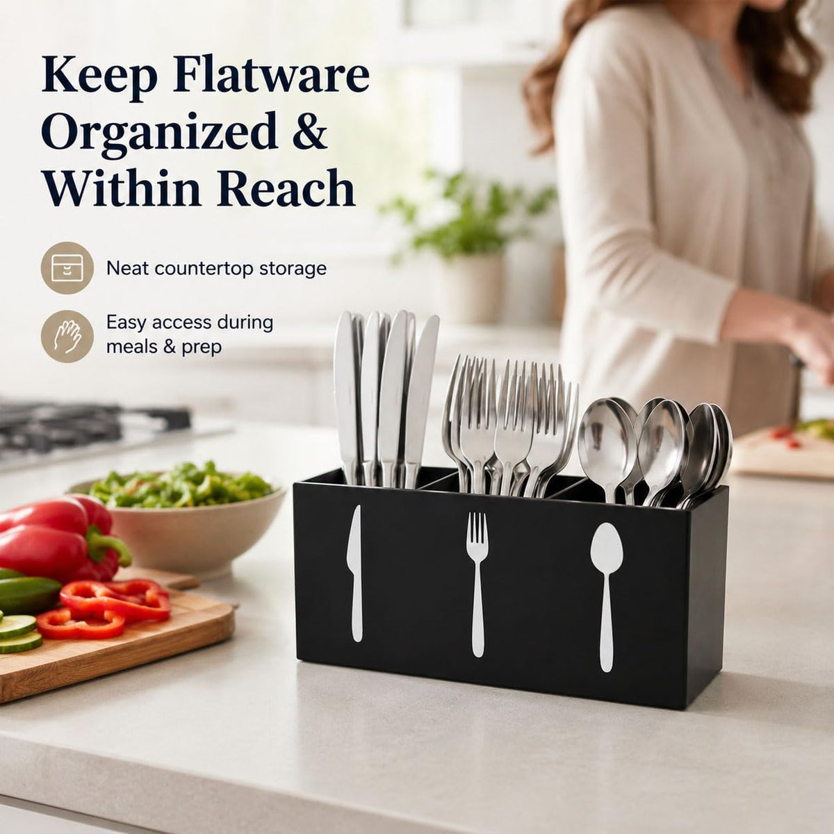 3 Compartment Acrylic Silverware Caddy for Countertop, White, Buffet Party | 3-compartment acrylic utensil holder keeps forks, spoons, and knives grouped for counters, buffets, or parties. Party ready.