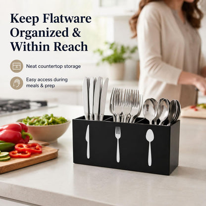 3 Compartment Acrylic Silverware Caddy for Countertop, White, Buffet Party | 3-compartment acrylic utensil holder keeps forks, spoons, and knives grouped for counters, buffets, or parties. Party ready.