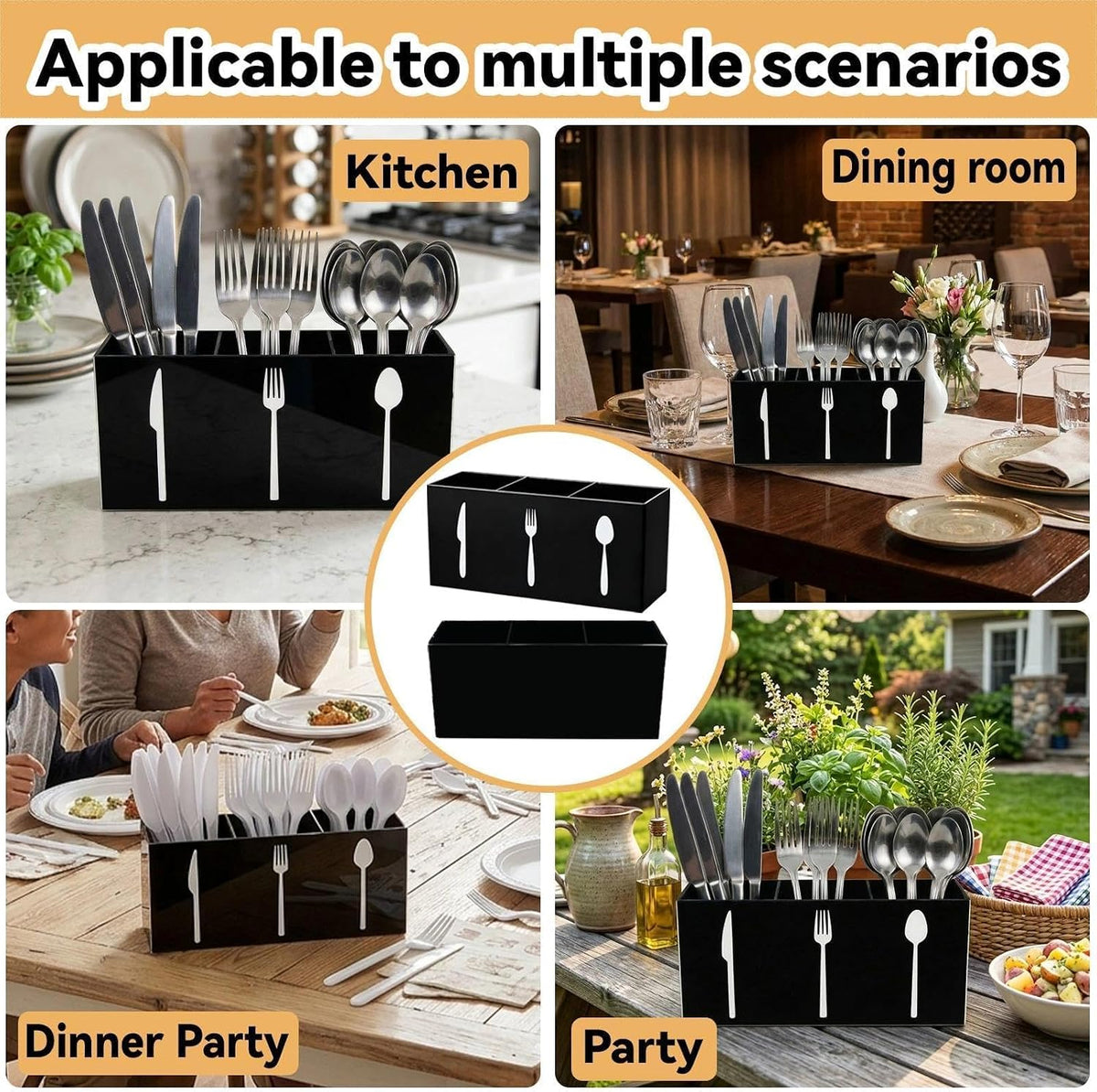 3 Compartment Acrylic Silverware Caddy for Countertop, White, Buffet Party | 3-compartment acrylic utensil holder keeps forks, spoons, and knives grouped for counters, buffets, or parties. Party ready.