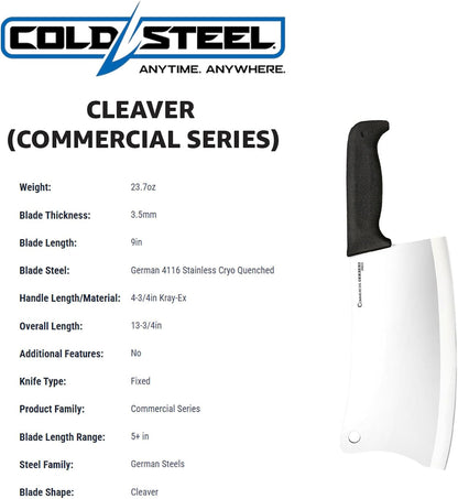 Cold Steel Cleaver 9" Durable Cryo-Quenched German 4116 Stainless Steel Fixed Blade Knife with Kray-Ex Handle Heavy Duty Commercial Grade for Butchery, Kitchen, Hunting & Field Use