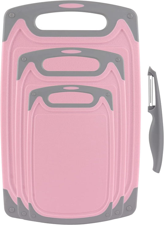 Cutting Boards for Kitchen, Plastic Chopping Board Set of 4 with Non-Slip Feet and Deep Drip Juice Groove, Easy Grip Handle, Dishwasher Safe, BPA Free, Non-porous(Pink/Gray)