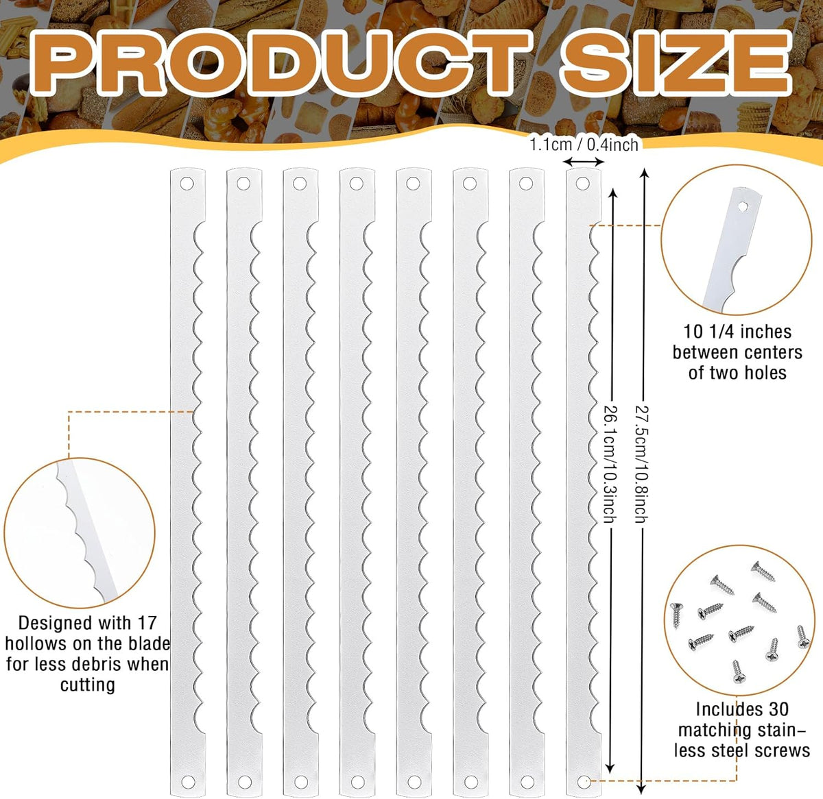 12 Pcs Bread Bow Knife Blades 10.8" Serrated Stainless Steel Blades with Screws Replacement for Wood Bread Cutter, Sourdough, Baguettes, Cakes