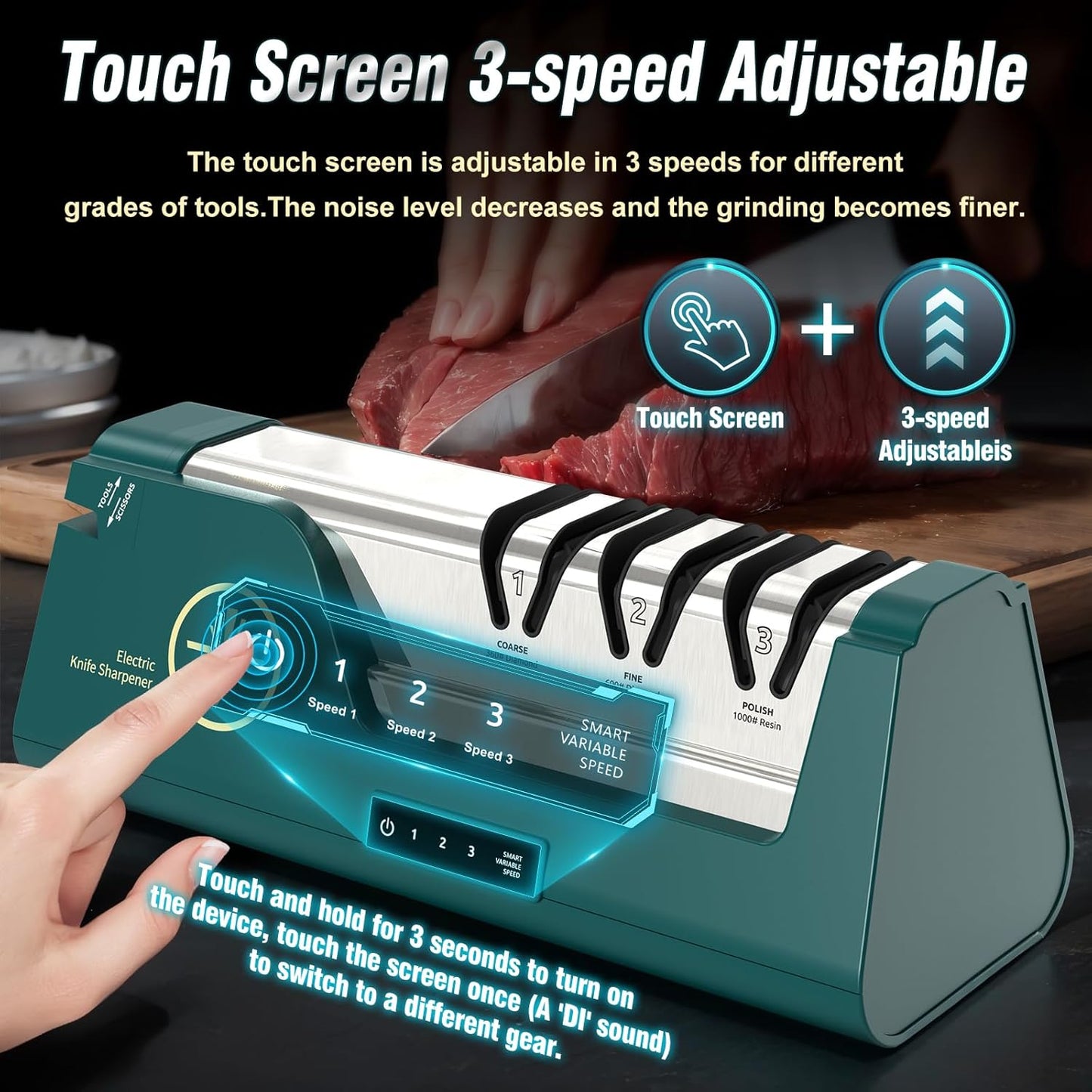 Professional Electric Knife Sharpener | 3-Speed Variable 4-Stage, Open Touch-Screen, 100% Diamond Abrasives, Precision Angle Guides