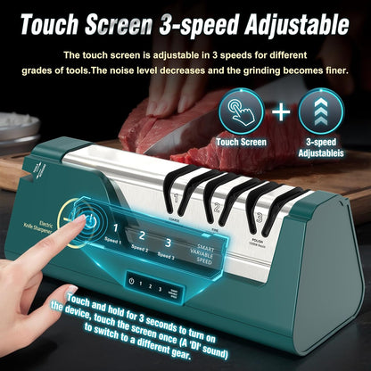 Professional Electric Knife Sharpener | 3-Speed Variable 4-Stage, Open Touch-Screen, 100% Diamond Abrasives, Precision Angle Guides