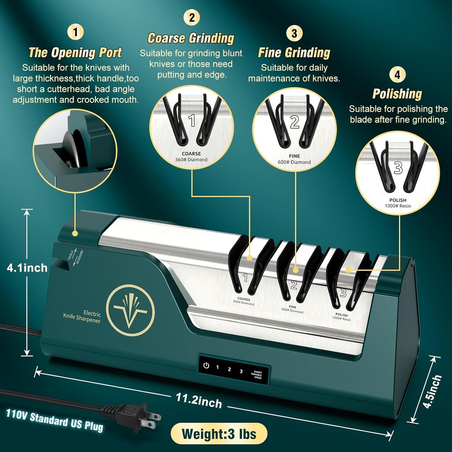 Professional Electric Knife Sharpener | 3-Speed Variable 4-Stage, Open Touch-Screen, 100% Diamond Abrasives, Precision Angle Guides