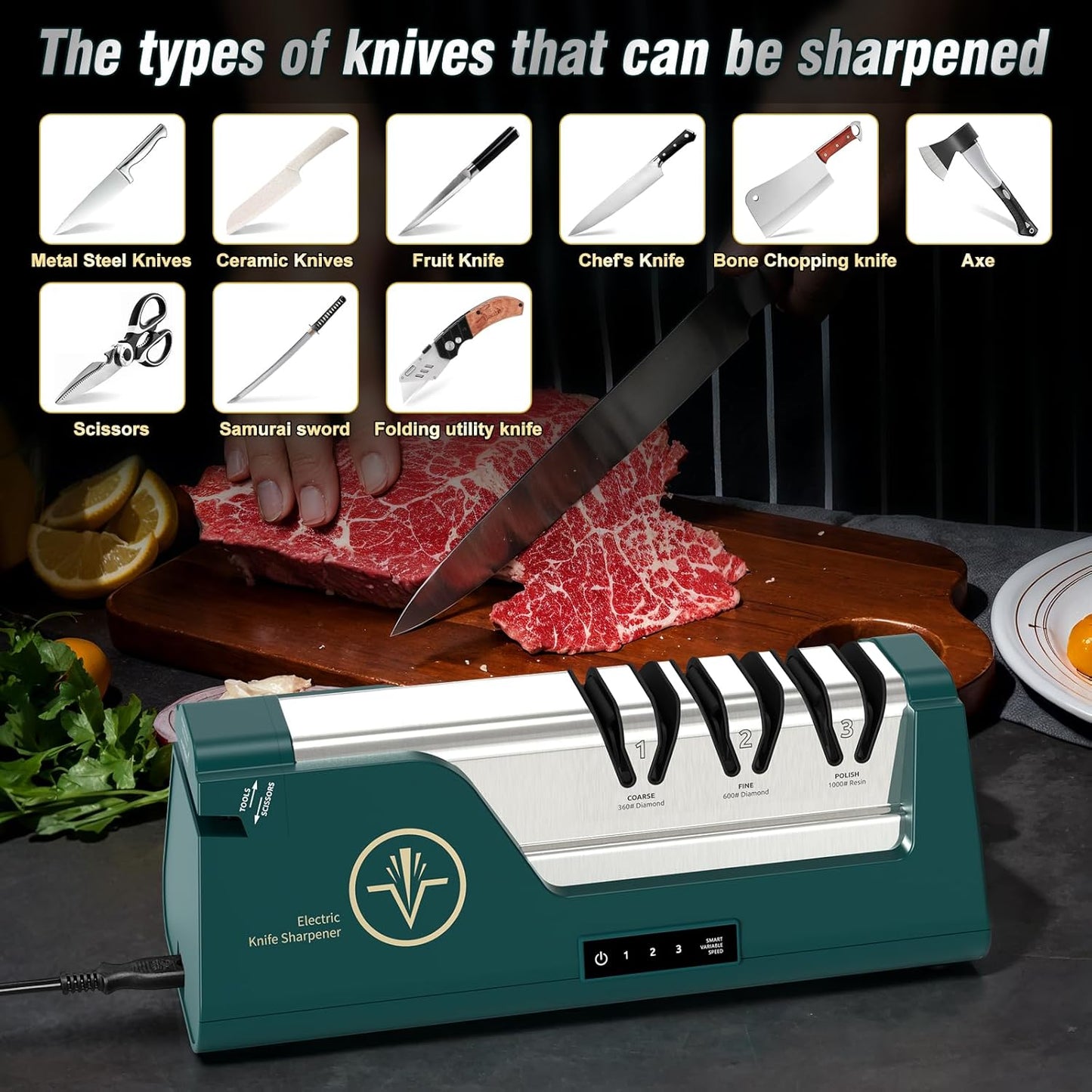 Professional Electric Knife Sharpener | 3-Speed Variable 4-Stage, Open Touch-Screen, 100% Diamond Abrasives, Precision Angle Guides