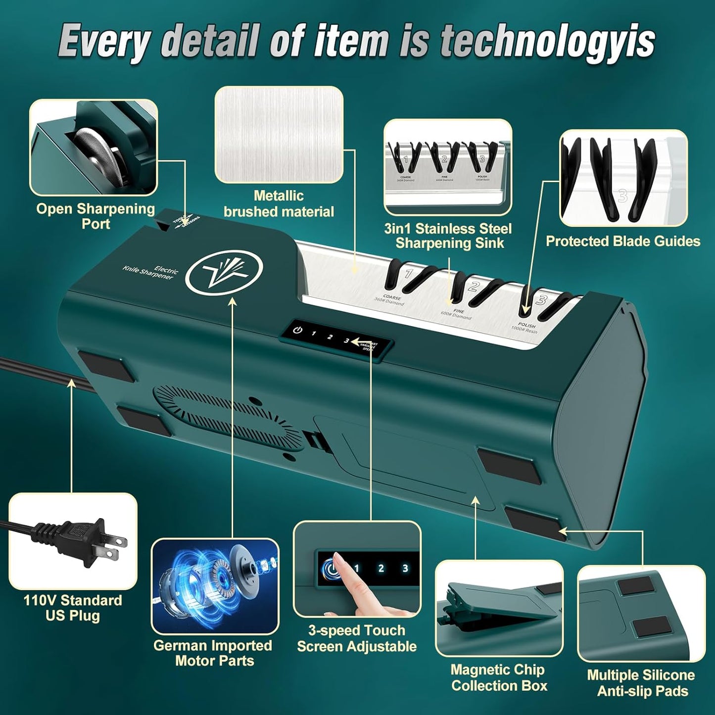 Professional Electric Knife Sharpener | 3-Speed Variable 4-Stage, Open Touch-Screen, 100% Diamond Abrasives, Precision Angle Guides
