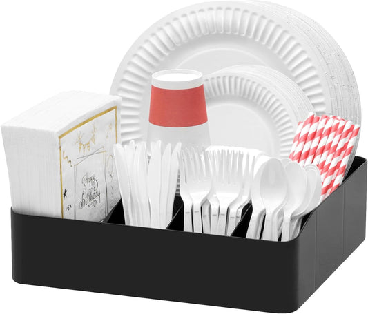 Paper Plate Organizer for Kitchen Countertop, Plastic Silverware Caddy for Party, Utensil Holder with 7 Compartment, Cutlery Flatware Dispenser Box for Cup Spoon Fork Napkin, Black, 29 -31cm