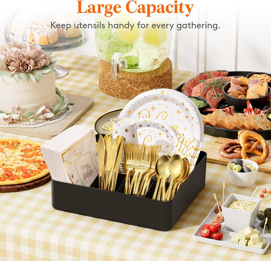 Paper Plate Organizer for Kitchen Countertop, Plastic Silverware Caddy for Party, Utensil Holder with 7 Compartment, Cutlery Flatware Dispenser Box for Cup Spoon Fork Napkin, Black, 29 -31cm