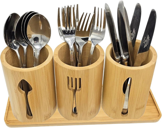 Bamboo Cutlery Holder Set - 3 Kitchen Utensils Holder Organiser with Bamboo Tray | Decorative Kitchen Countertop Stand | Knife, Fork and Spoon Holders