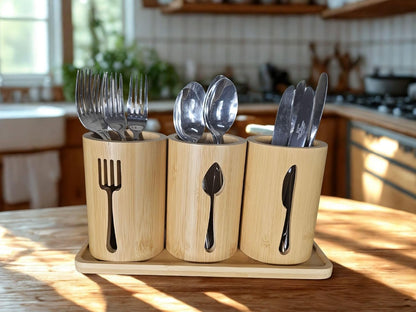 Bamboo Cutlery Holder Set - 3 Kitchen Utensils Holder Organiser with Bamboo Tray | Decorative Kitchen Countertop Stand | Knife, Fork and Spoon Holders