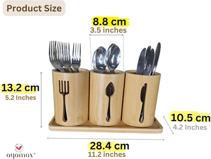 Bamboo Cutlery Holder Set - 3 Kitchen Utensils Holder Organiser with Bamboo Tray | Decorative Kitchen Countertop Stand | Knife, Fork and Spoon Holders
