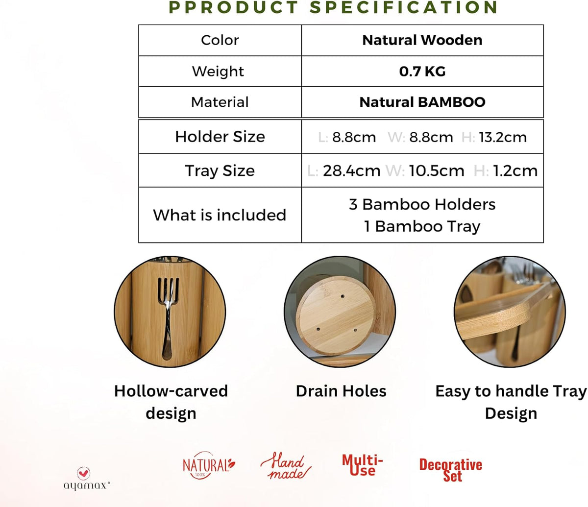 Bamboo Cutlery Holder Set - 3 Kitchen Utensils Holder Organiser with Bamboo Tray | Decorative Kitchen Countertop Stand | Knife, Fork and Spoon Holders