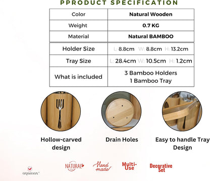 Bamboo Cutlery Holder Set - 3 Kitchen Utensils Holder Organiser with Bamboo Tray | Decorative Kitchen Countertop Stand | Knife, Fork and Spoon Holders