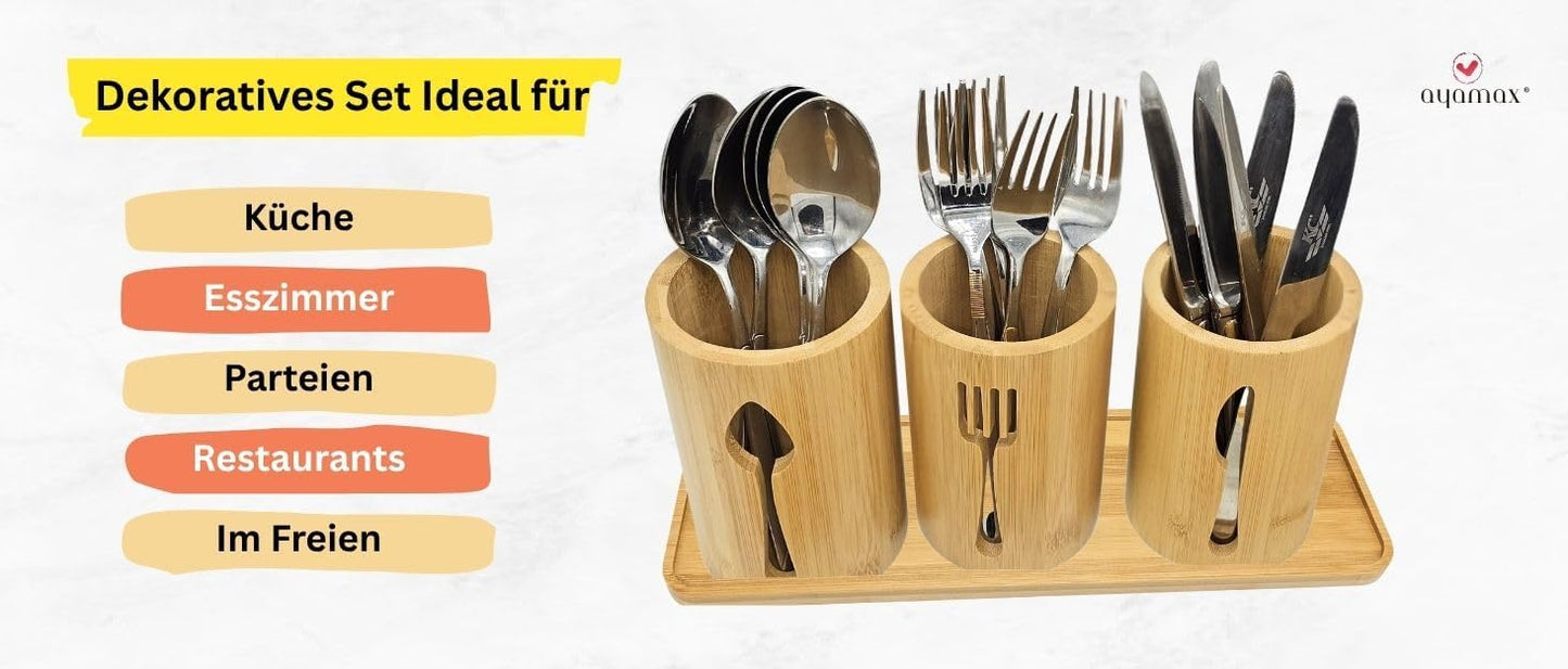 Bamboo Cutlery Holder Set - 3 Kitchen Utensils Holder Organiser with Bamboo Tray | Decorative Kitchen Countertop Stand | Knife, Fork and Spoon Holders
