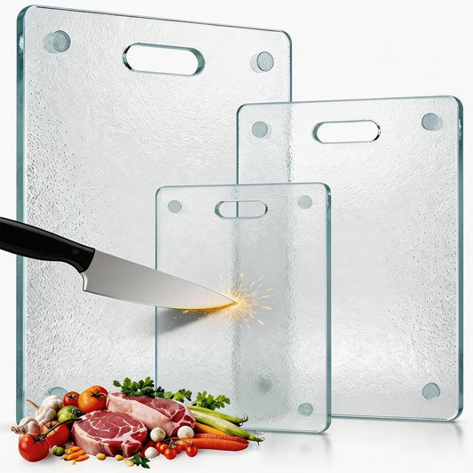 Tempered Glass Cutting Board with Handle, 3PCS Frosted Glass Cutting Board for kitchen counter, Non Toxic, Plastic Free, Scratch Resistant, Dishwasher Safe, Easy to Clean(16"x12"&15"x10"&12"x8")