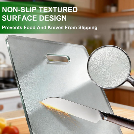 Tempered Glass Cutting Board with Handle, 3PCS Frosted Glass Cutting Board for kitchen counter, Non Toxic, Plastic Free, Scratch Resistant, Dishwasher Safe, Easy to Clean(16"x12"&15"x10"&12"x8")