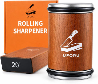Rolling Knife Sharpener Kit,15° & 20° Magnetic Guide,Diamond Discs | Wooden Sharpening System with Leather Strop for Chef and Kitchen Knives,Helps Restore and Polish Straight Blade Edges
