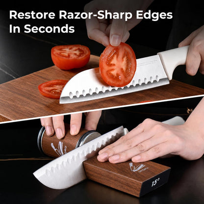 Rolling Knife Sharpener Kit,15° & 20° Magnetic Guide,Diamond Discs | Wooden Sharpening System with Leather Strop for Chef and Kitchen Knives,Helps Restore and Polish Straight Blade Edges