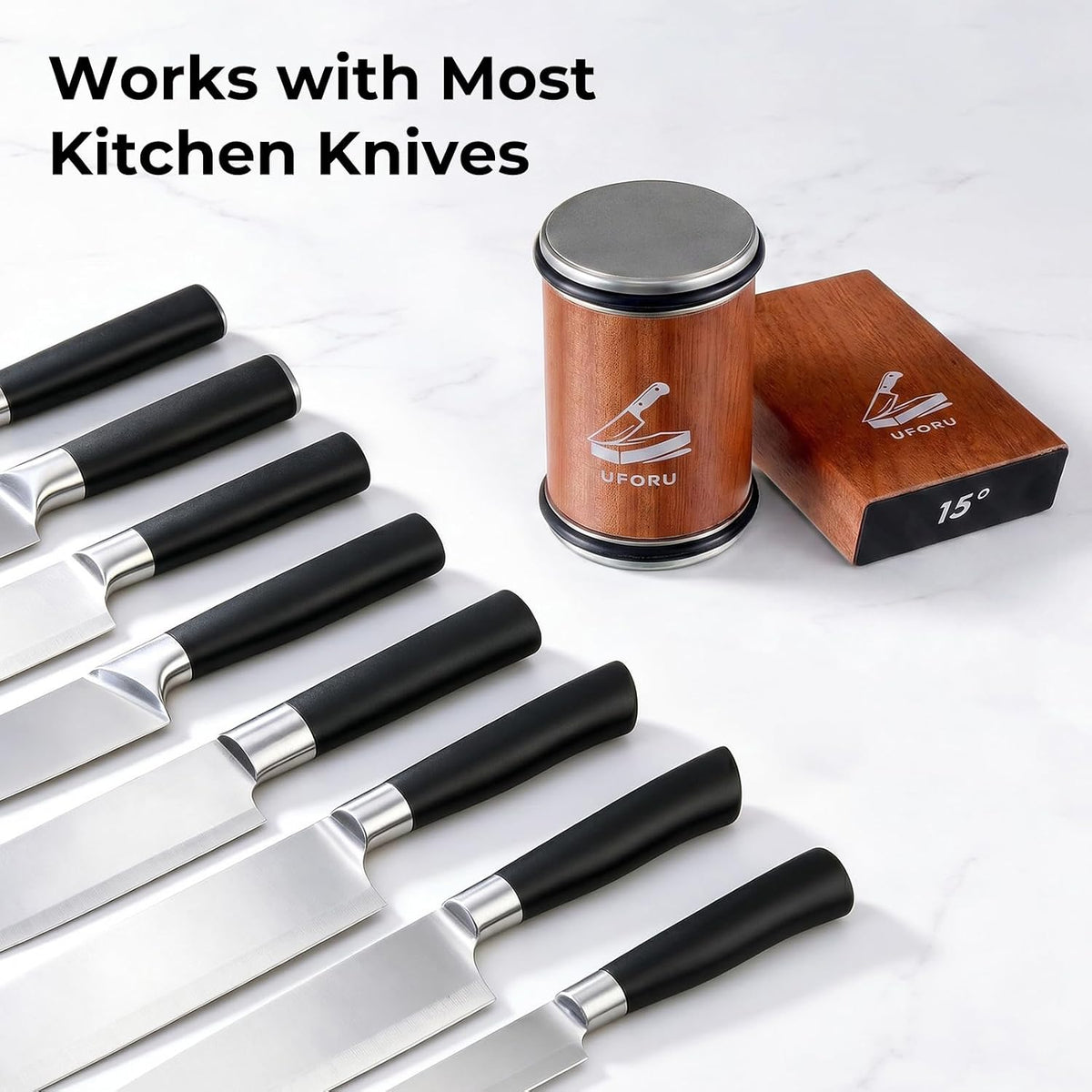 Rolling Knife Sharpener Kit,15° & 20° Magnetic Guide,Diamond Discs | Wooden Sharpening System with Leather Strop for Chef and Kitchen Knives,Helps Restore and Polish Straight Blade Edges