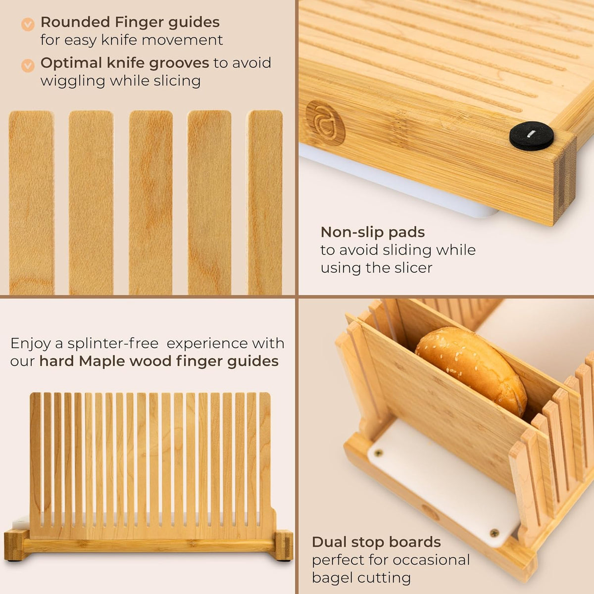 Bread Slicer for Homemade Bread - No Splinter with HDPE Base & Maple Finger - 4 Different Thicknesses for Uniform & Consistent Slices - Foldable Bread Cutter with Optimal Knife Grooves