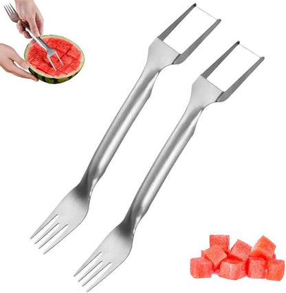 2-in-1 Stainless Steel Fruit Cutter, 2024 New Watermelon Fork Slicer Cutter Slicer Tool, Dual Head Fruit Forks Slicer Knife for Home Kitchen Gadget