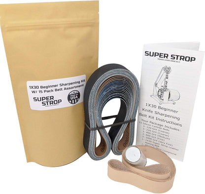 1X30 Beginner Knife Sharpening Kit With 15 Pack Sanding Assortment and Leather Honing Belt - Detailed Instructions Included