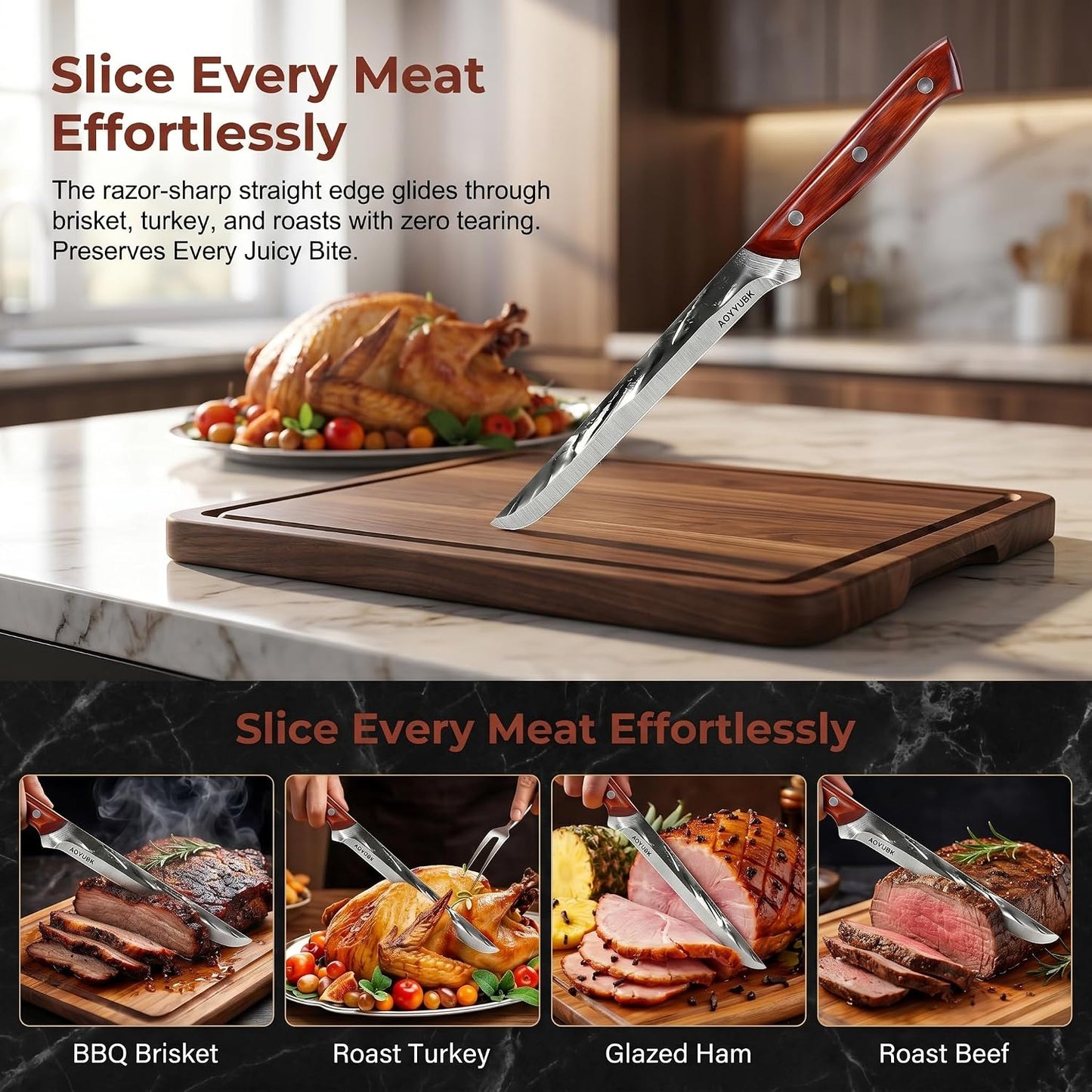 8" Carving Knife - Professional Brisket Slicing Knife for BBQ, Turkey, Ham, Roast Beef | High Carbon Stainless Steel, Straight Edge | Rosewood Handle | Protective Sheath & Gift Box Included