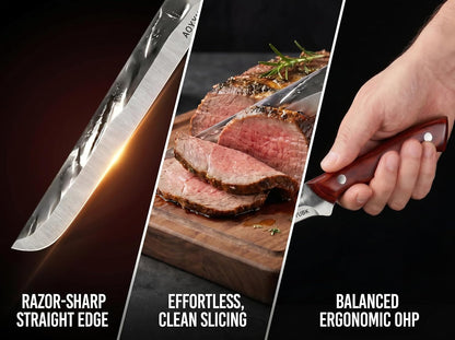 8" Carving Knife - Professional Brisket Slicing Knife for BBQ, Turkey, Ham, Roast Beef | High Carbon Stainless Steel, Straight Edge | Rosewood Handle | Protective Sheath & Gift Box Included