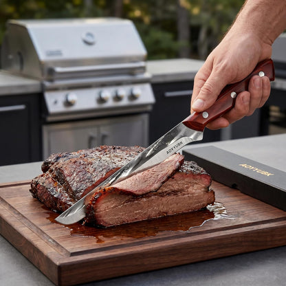 8" Carving Knife - Professional Brisket Slicing Knife for BBQ, Turkey, Ham, Roast Beef | High Carbon Stainless Steel, Straight Edge | Rosewood Handle | Protective Sheath & Gift Box Included