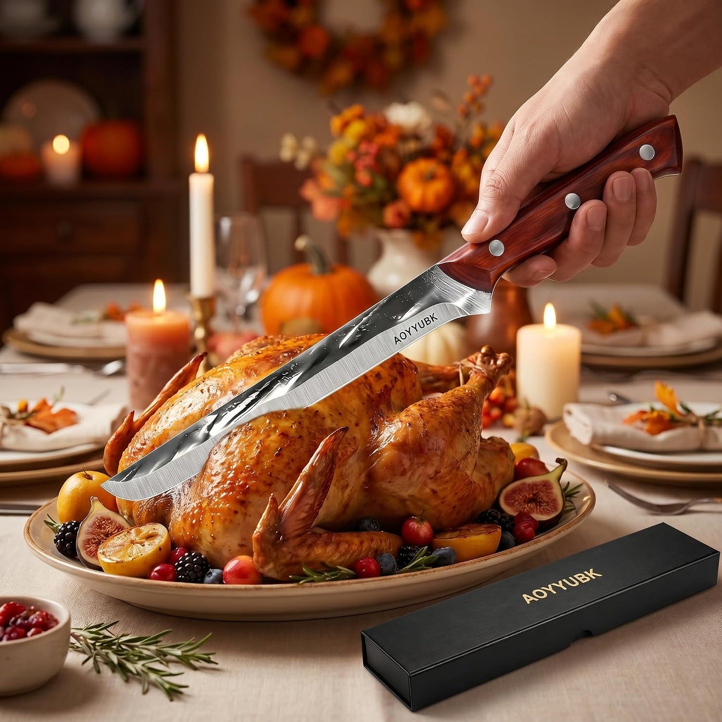 8" Carving Knife - Professional Brisket Slicing Knife for BBQ, Turkey, Ham, Roast Beef | High Carbon Stainless Steel, Straight Edge | Rosewood Handle | Protective Sheath & Gift Box Included
