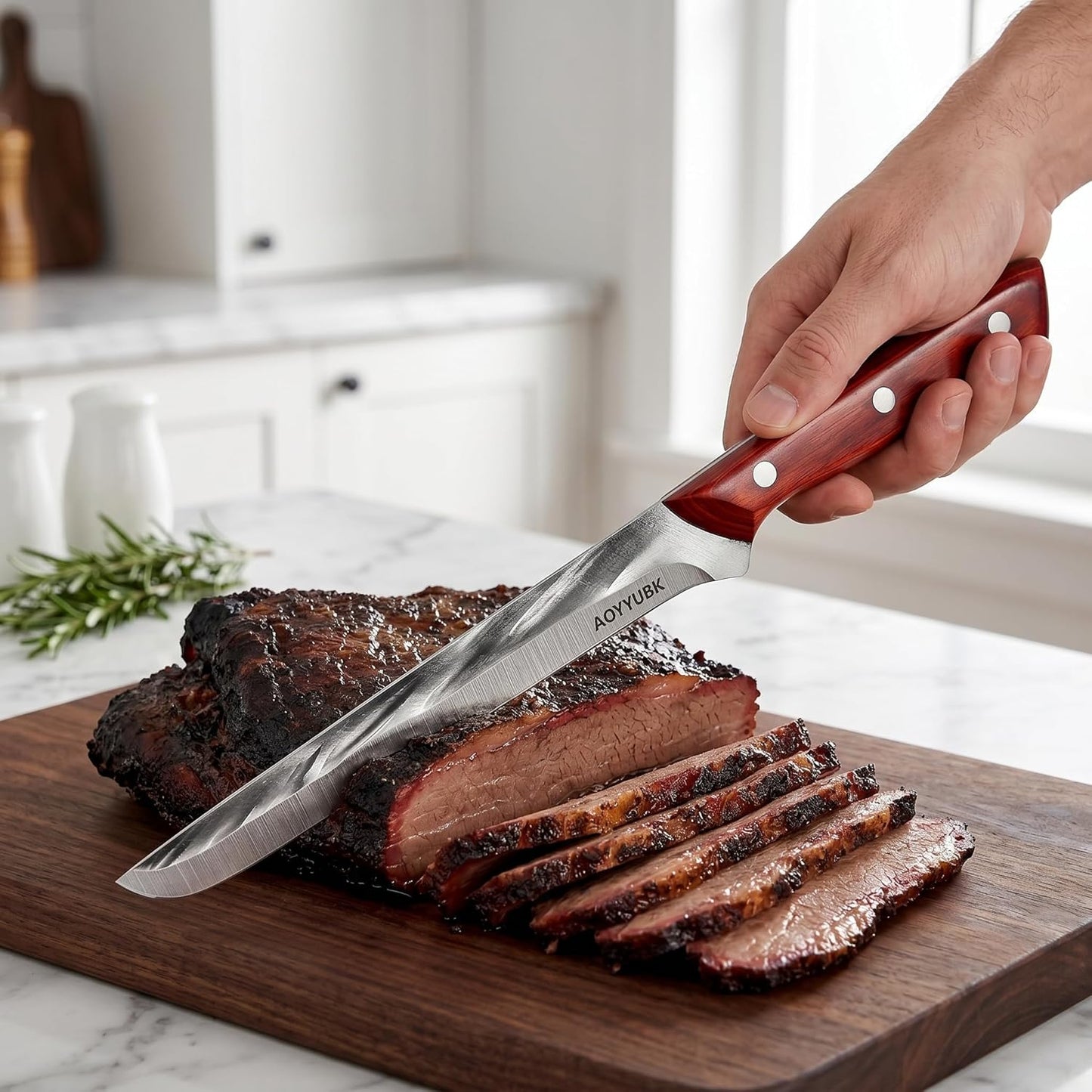 8" Carving Knife - Professional Brisket Slicing Knife for BBQ, Turkey, Ham, Roast Beef | High Carbon Stainless Steel, Straight Edge | Rosewood Handle | Protective Sheath & Gift Box Included