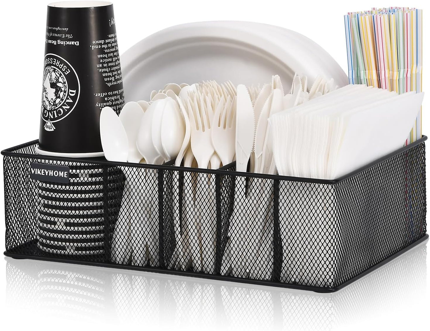 Paper Plate Organizer, Metal Silverware Caddy with 6 Compartments for Knives, Spoons, Cups, Forks, Napkins, Utensil Holder for Party, Camping, Picnic, White