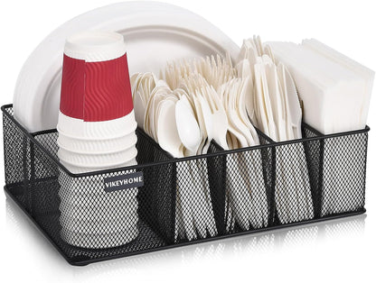 Paper Plate Organizer, Metal Silverware Caddy with 6 Compartments for Knives, Spoons, Cups, Forks, Napkins, Utensil Holder for Party, Camping, Picnic, White