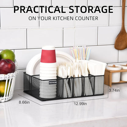 Paper Plate Organizer, Metal Silverware Caddy with 6 Compartments for Knives, Spoons, Cups, Forks, Napkins, Utensil Holder for Party, Camping, Picnic, White