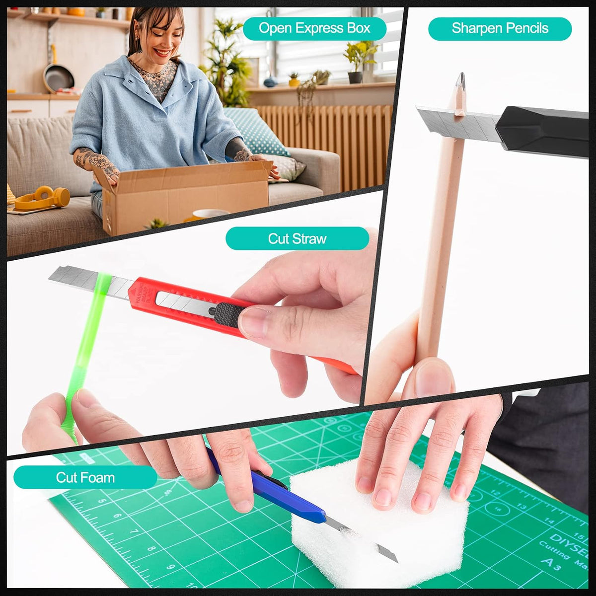 24Pack Box Cutters (9MM Wide Blade Cutter) Utility Knife Box Cutter Retractable, Compact, Extended Use for Heavy Duty Office, Home, Arts Crafts, Hobby(Mix)