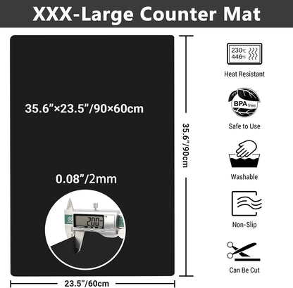 35.6x23.5 Inch Extra Large Silicone Mats for Kitchen Counter, 2MM Thick Heat Resistant Coffee Mat Bar Mat, Glass Top Stove Cover Countertop Protector for Air Fryer, Baking, Crafts, Black