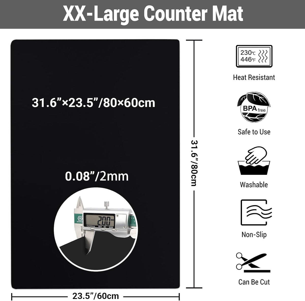 35.6x23.5 Inch Extra Large Silicone Mats for Kitchen Counter, 2MM Thick Heat Resistant Coffee Mat Bar Mat, Glass Top Stove Cover Countertop Protector for Air Fryer, Baking, Crafts, Black